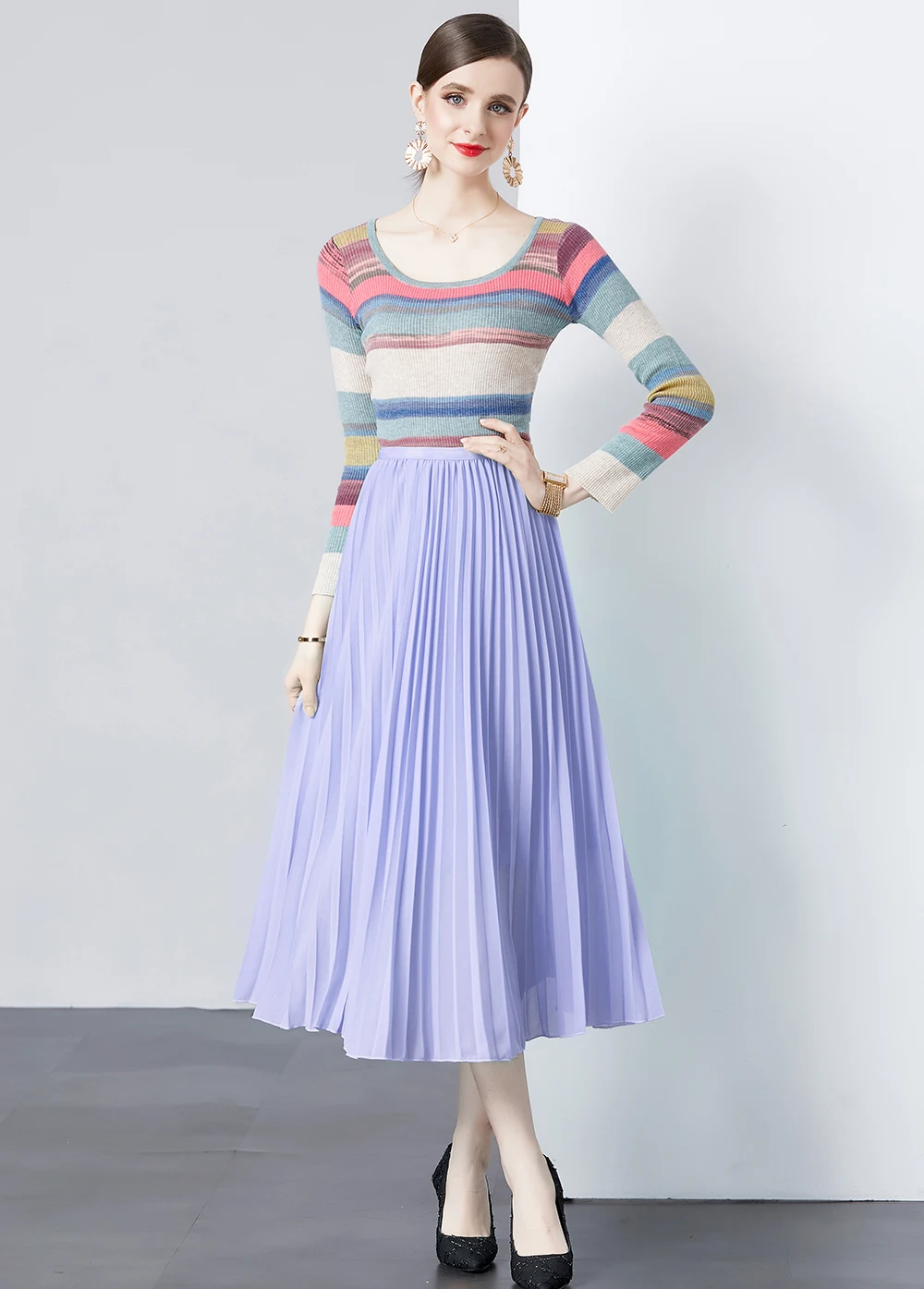 Age Reducing Slimming Simple and Versatile Knitted Top+chiffon Pleated Skirt Two-piece Set Three Bedroom Autumn Women's Clothing image 5