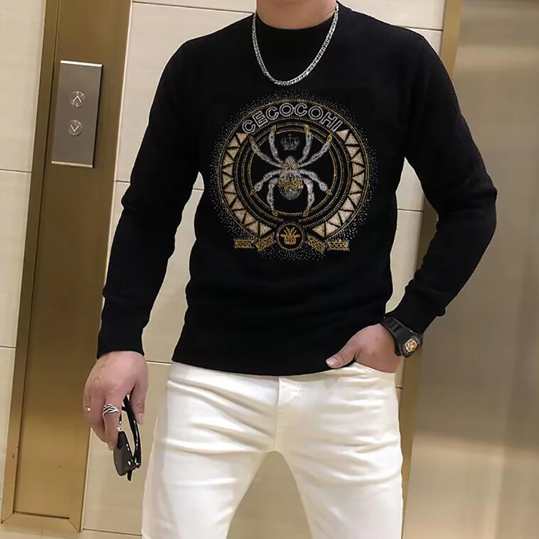 Men\'s Rhinestone Sweater Winter New Fashion Tops Warm Inner Garment Streetwear Style Fashion Trend Male Clothing Black Pullover