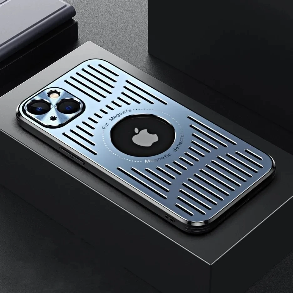Fashion Metal Heat Dissipation Magnetic for Magsafe Case for iPhone 14 16 Pro Max 13 12 15 Pro Logo Hole Wireless Charging Cover