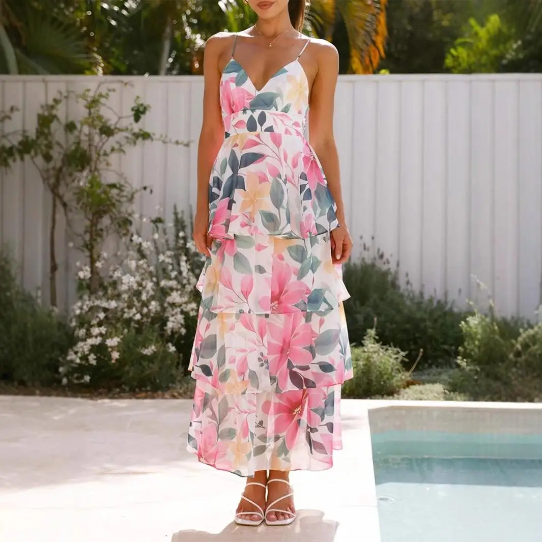 カジュアルな花柄プリント レディース サマー スプリング オフショルダー ストラップ ハイウエスト Aラインスカート クロスボーダーブランド