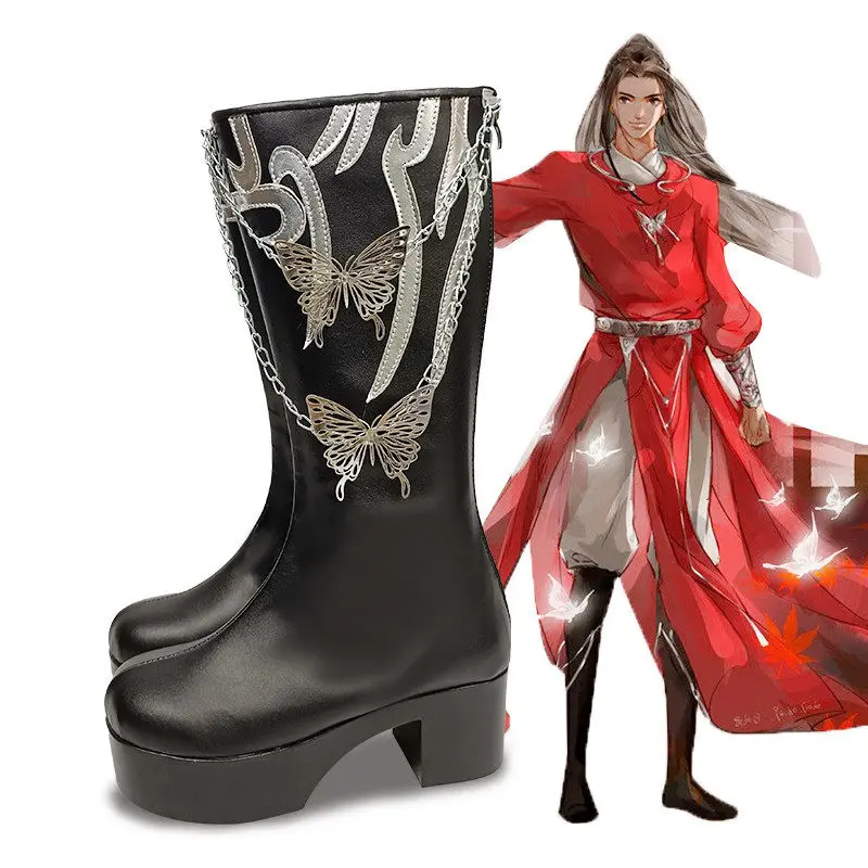 Anime Heaven Official's Blessing‌ Hua Cheng Cosplay Shoes Black High Heels Long PU Leather Boots For Halloween Carnival