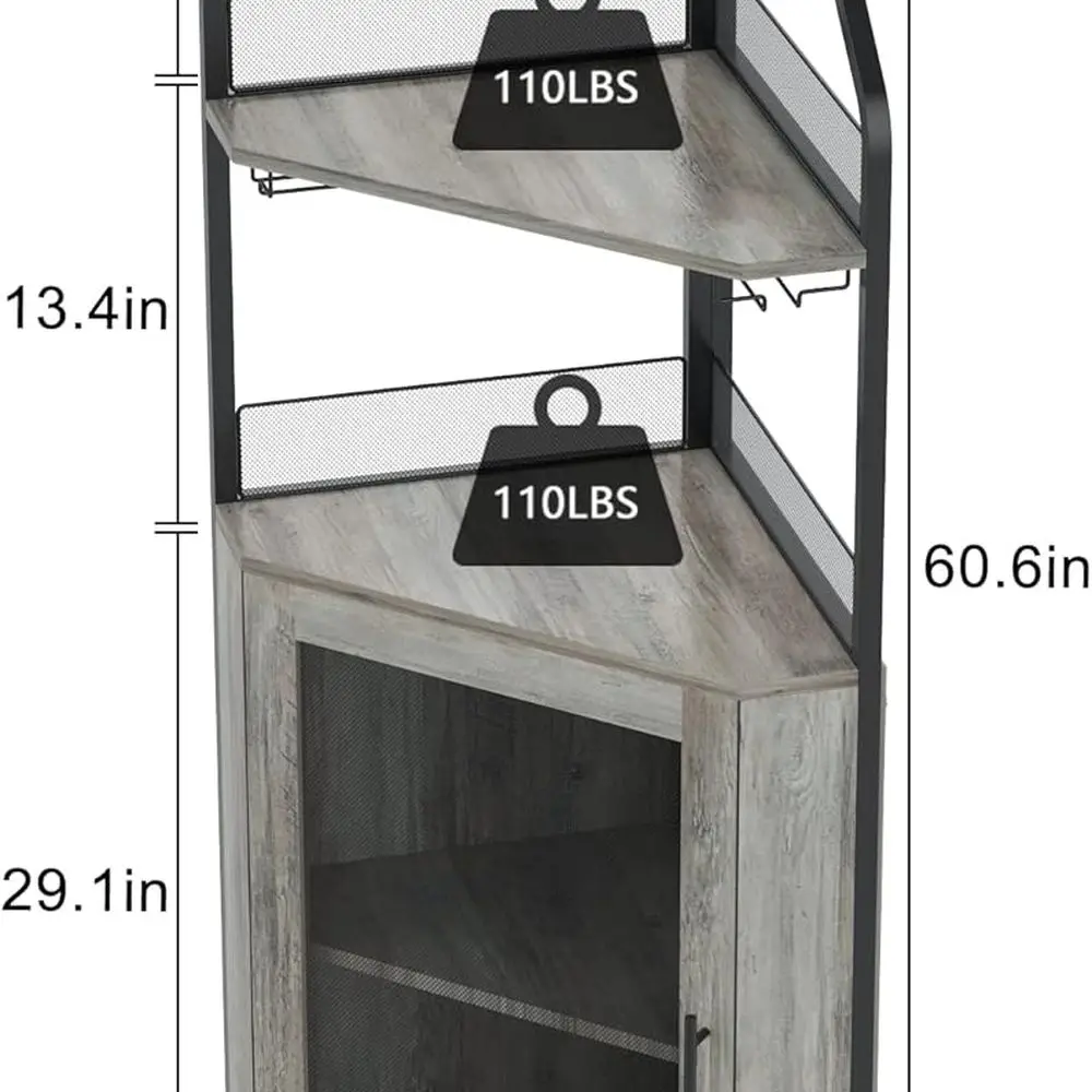 Серый комод с защитой от опрокидывания, стеклянными полками и шкафом для хранения вина