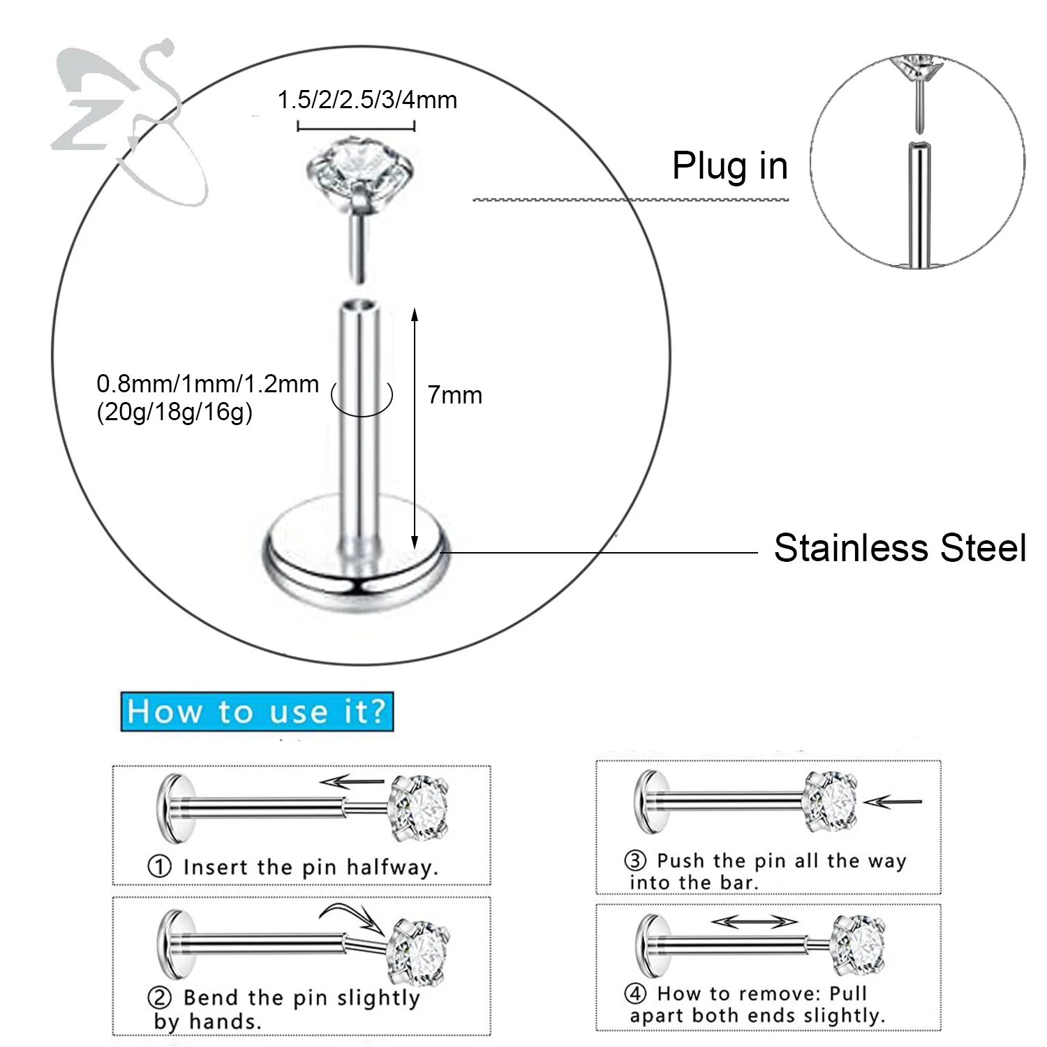 Zs-ステンレス鋼のイヤリング,7mm,ヘリックス,ピアスクリスタル,クロックス,ヘリックス,耳珠,メダリオン,16-20gの1ピース