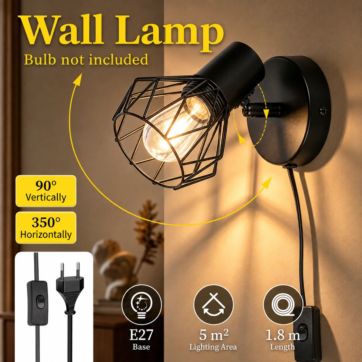 Image of E27 Wandlampe mit 1,8m Schaltkabel LED-Wandbeleuchtung für Innenräume zum Lesen Nachttischlampe AC85-265V Drehbare Wandstrahler LED-Wandleuchte