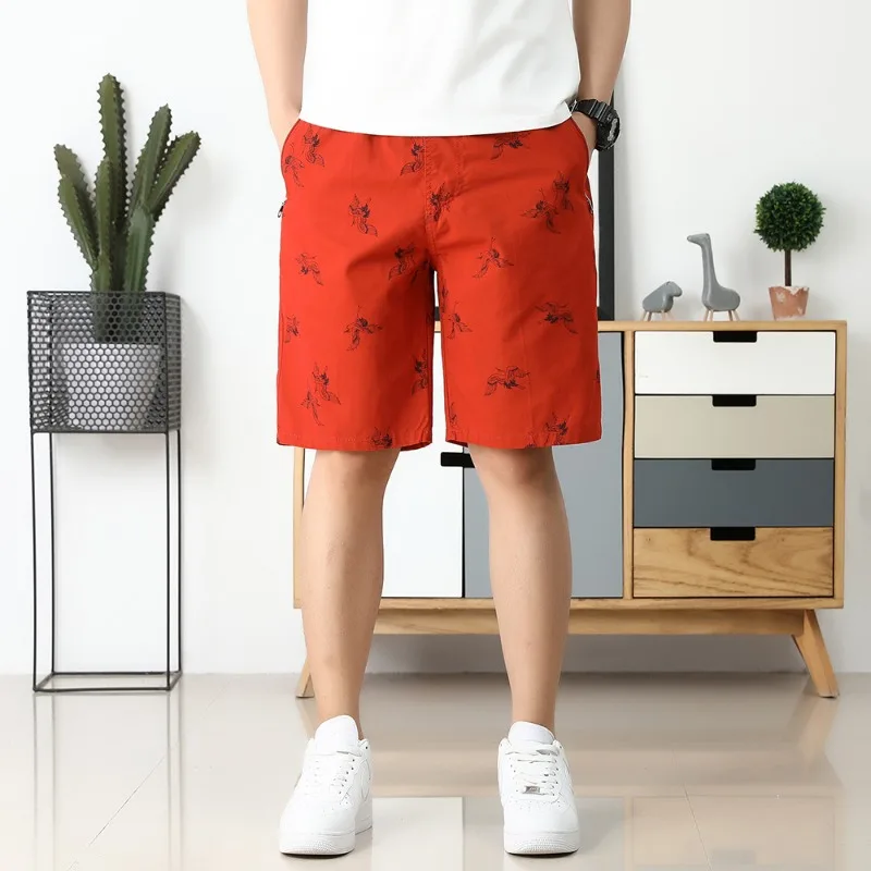 Men's Summer High Waist Pockets Geometric Pattern Printed Elastic Casual Loose Sports Trousers Vintage Preppy Style Shorts