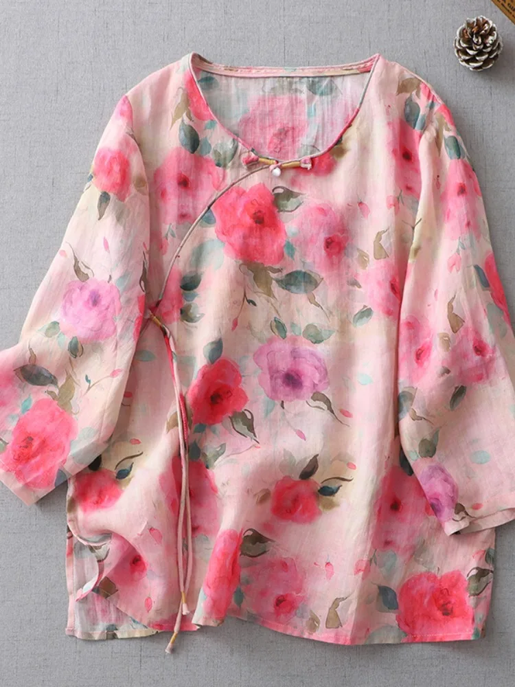 Retro chino algodón lino irt verano estampado suelto adelgazante té disfraz irt Overhead Zen mujer Faion redondo Ne botón...