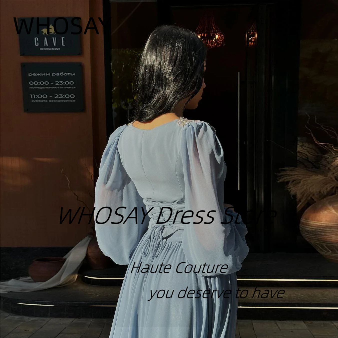 WHOSAY Custom Beaded Square Neck Evening Dresses 2025 Long Sleeves Lace Up Back Prom Dress Saudi Arabia Special Banquet Gowns