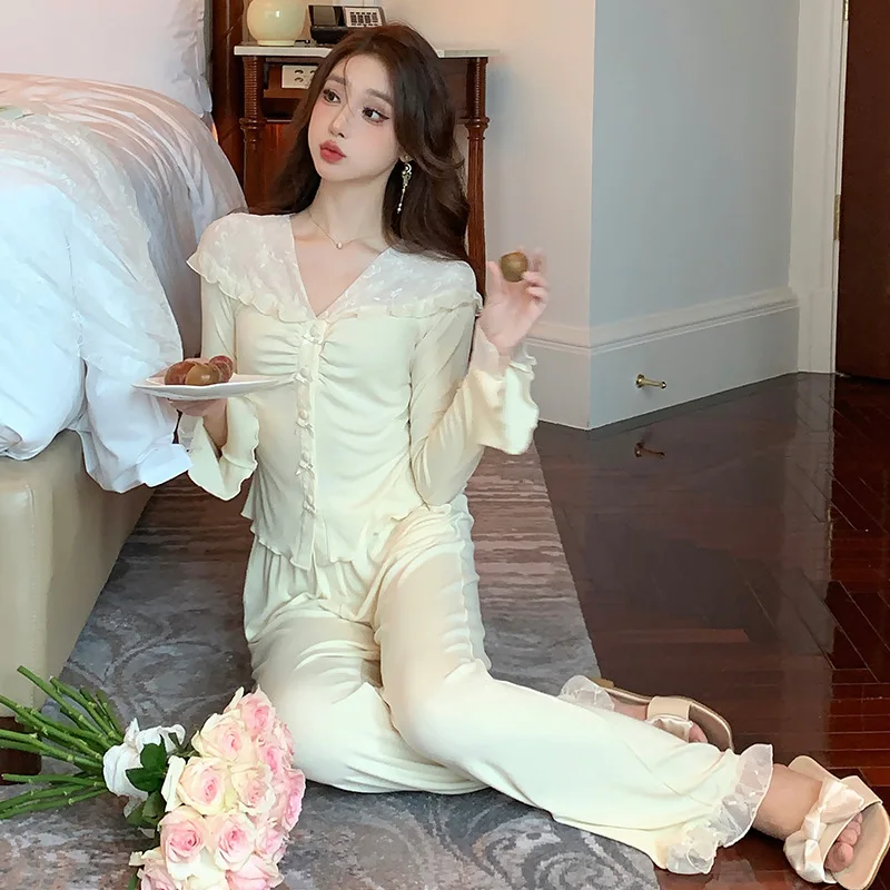 V Neck Sexy Sleepwear Palace-style French Sweet Lace Pajamas Set for Women Long-sleeved Pants Home Suit Pijamas Women Loungewear