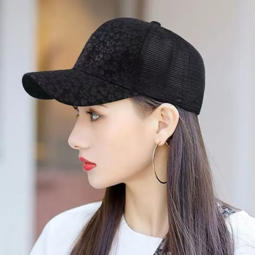 

New Breathable Floral Printed Baseball Cap Lace Curved Brim Mesh Sun Hat Adjustable Polyester Snapback Cap Casual Wear