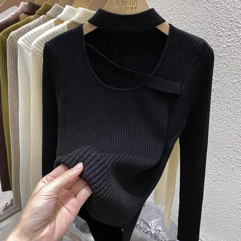 Einzigartige Gestrickte Pullover Frauen Pullover Mode Langarm Mock Neck Aushöhlen Stricken Pullover Pullover Frauen Tops Strickwaren Q1763