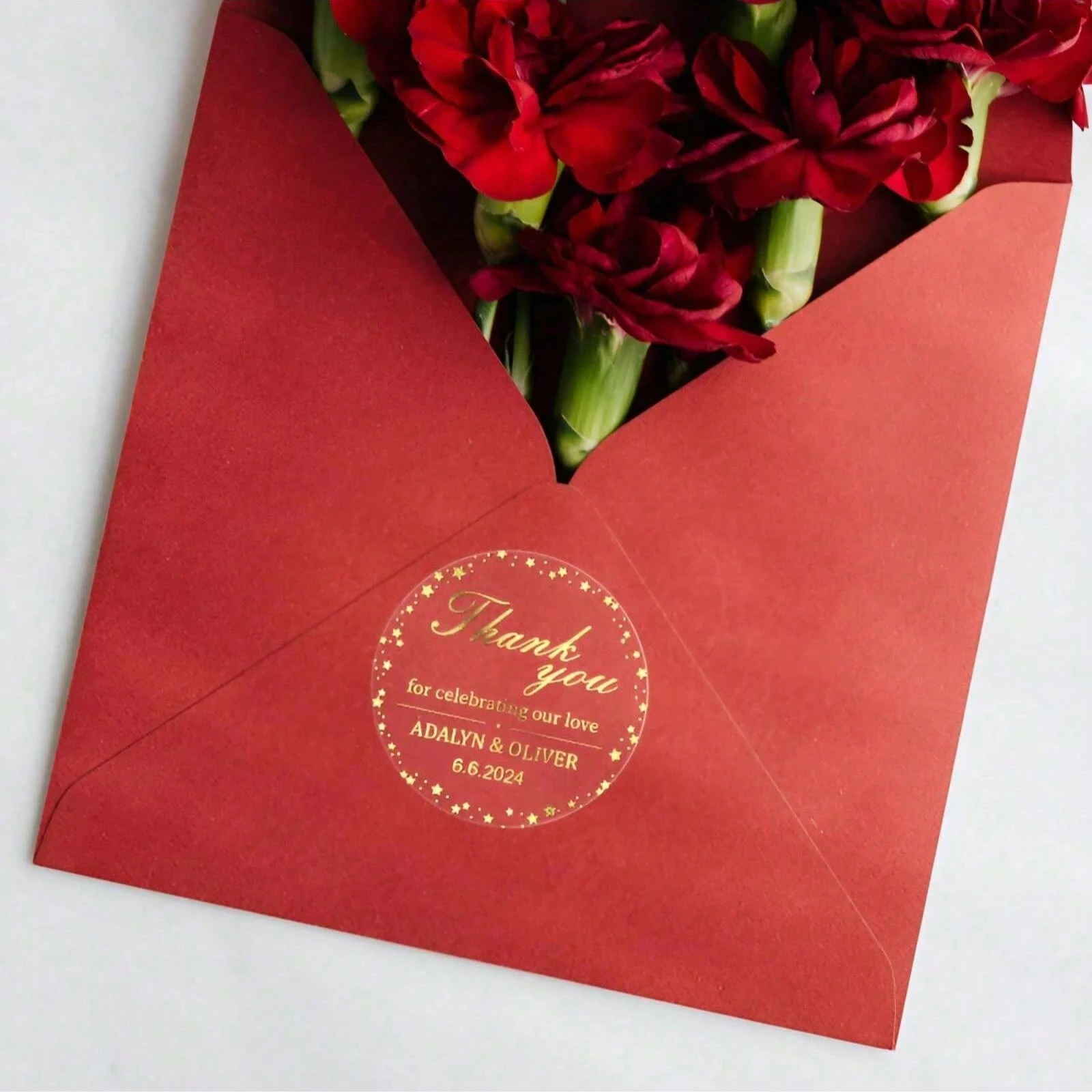 ملصقات مقاومة للماء شفافة مخصصة 4 سم مع نجوم ذهبية لحفلات الزفاف، أختام شكر مستديرة مخصصة لاستحمام الزفاف #6