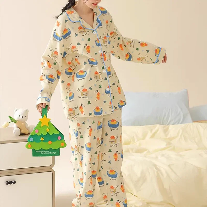 Korean Cute Cartoon Kawaii Print Ins Sweet Women Pajamas Autumn/Winter Milk Silk Lazy Lounges 2024 New Long Sleeve+pant Home Set