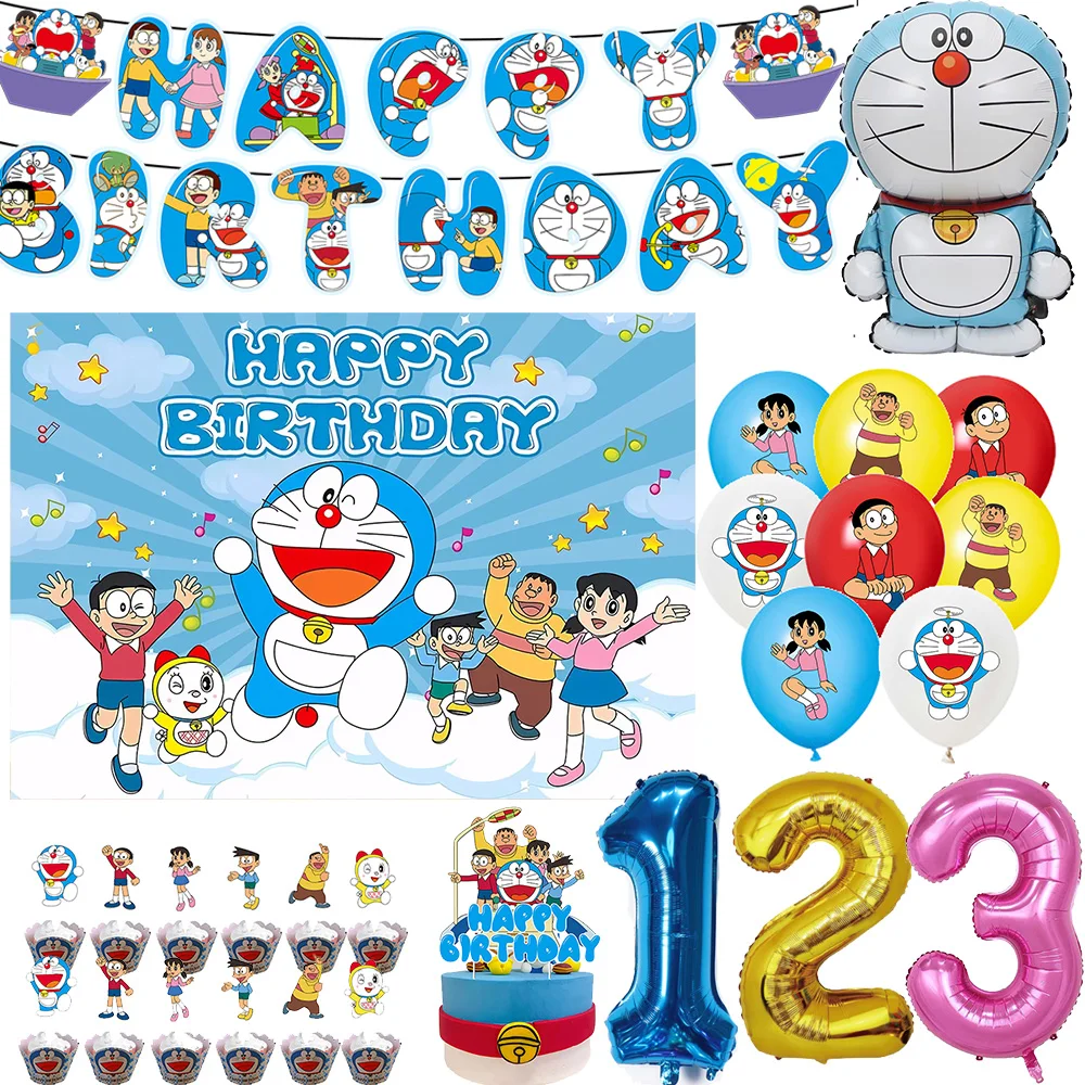 

33Pcs Cartoon Doraemon Birthday Party Decoration Set Balloons Background Flag Cake Decoration Kids Baby Shower Party Supplies