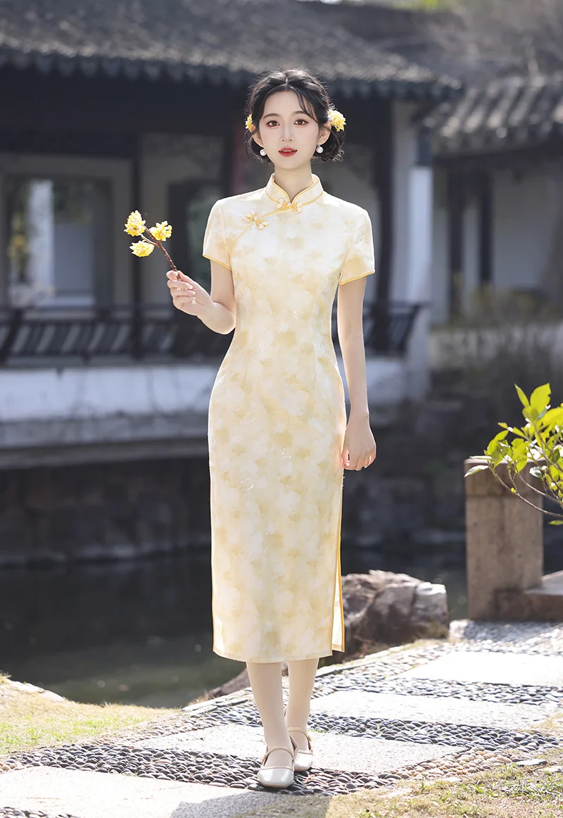

Sequins Applique Chinese Style Daily Suzhou Long Cheongsam Improved Young Women's Short Sleeved Summer Qipao