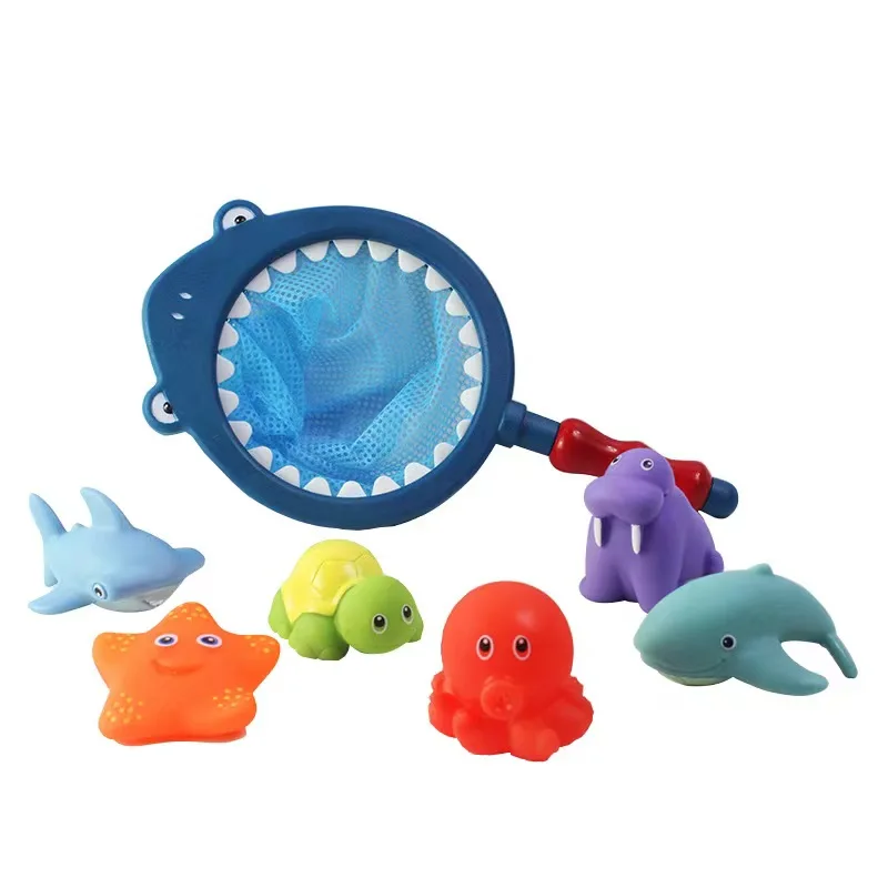 7Pcs/Set Baby Shower Toy Water Spray Net Fishing Fish Children Shower Floating Water Playing Toy Pinching Joy