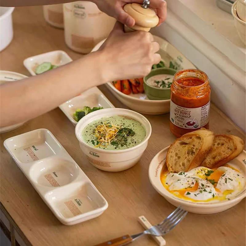 Ceramic Plate Set Oval Plates Korean Simple Letter Printing Breakfast Fat-reducing Meal Dishes Three-plate Kitchen Tableware Set