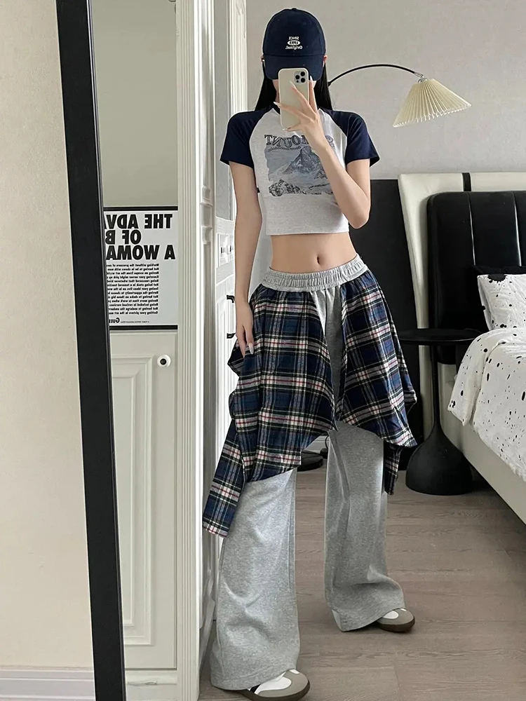 Vintage Streetwear Women Pants Plaid Fake Two Pieces Patchwork Loose Casual Trouser Harajuku Solid High Waist Wide Leg Pants New