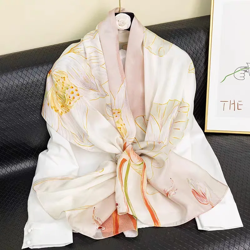 

100% Mulberry Silk Long Scarf for Women Oblong Shawls for Headscarf Neck- Oblong Hair Wraps Gift Packed Off White Lotus Print