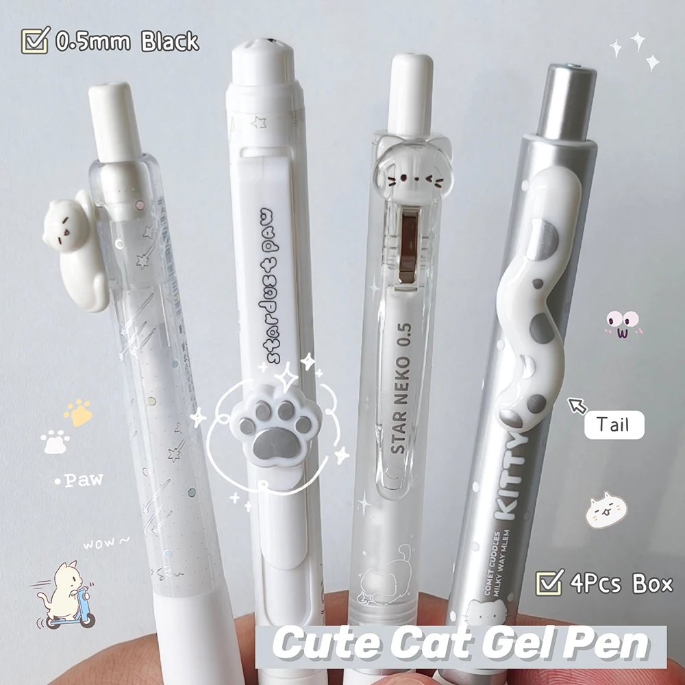 4Pcs Cute Cat Gel Pens 0.5mm Fun Black Quick-Drying Pen Creative Cat Tail And Cat Paw Writing Pens For Study & Office Use