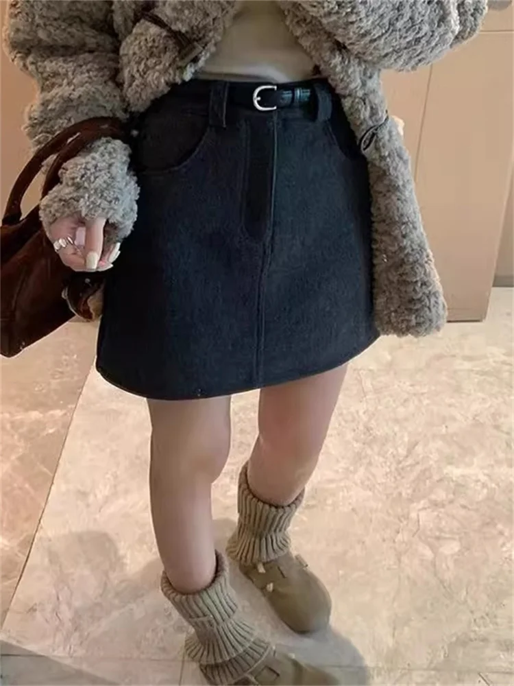 plus Size Women's Grey Woolen  Skirt High Waist Bodycon Short A-Line Skirt Commute Style Korean Version Thickened Winter