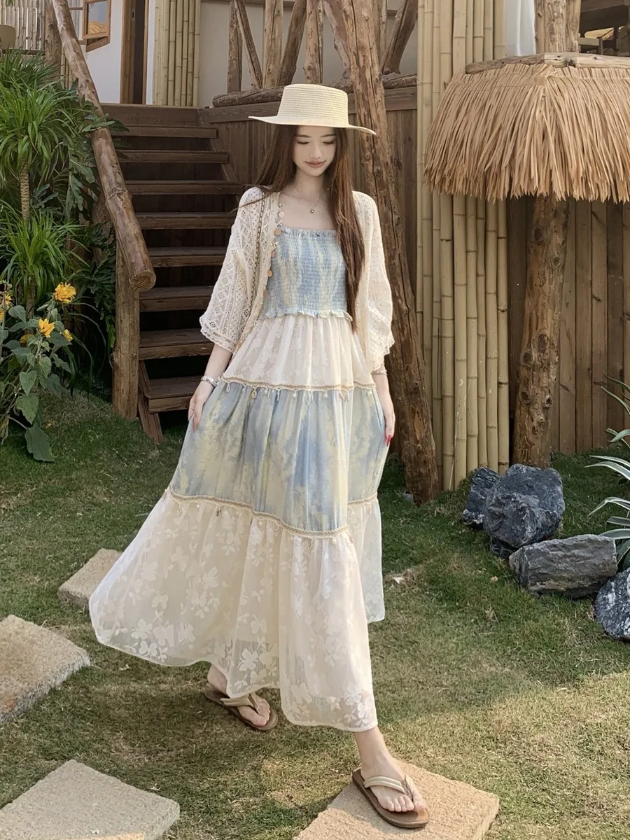 

Новое летнее женское платье больших размеров с завышенной талией, А-силуэт, длинное, с яркими нитями, в праздничном стиле, с запахом, корейский свободный крой