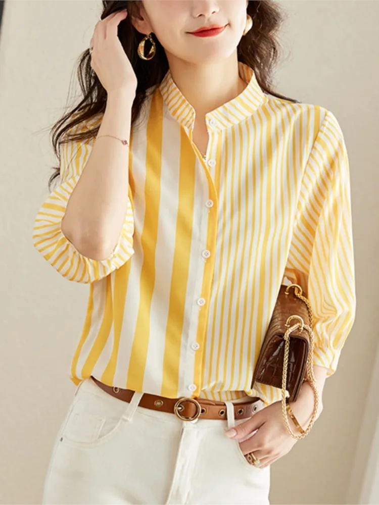 Summer Striped Print Shirts Tops Women Short Sleeve Fashion Casual Loose Pleated Ladies Blouses Korean Style Woman Shirts Tops