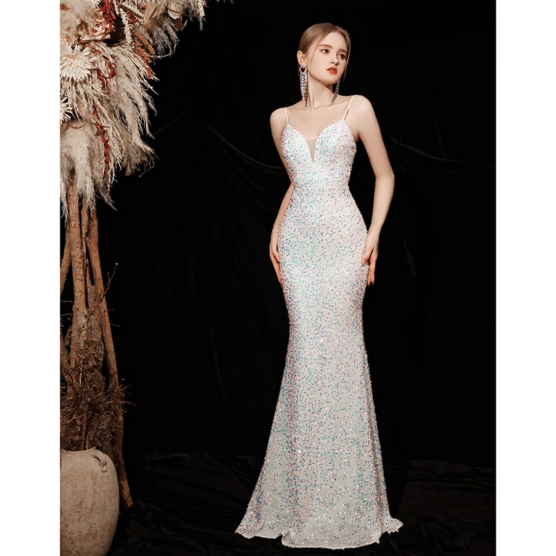 N11147 فستان سهرة مزين بالترتر للنساء ذيل السمكة المتلألئ وحزام طويل مع ملابس فساتين حفلات على شكل حرف a ذات ذاكرة حلوة
