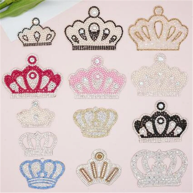 Pearl Crystal Rhinestone crown Patches for Clothing Iron on Clothes Appliques Badge Stripes Fabric Sticker Apparel Accessories