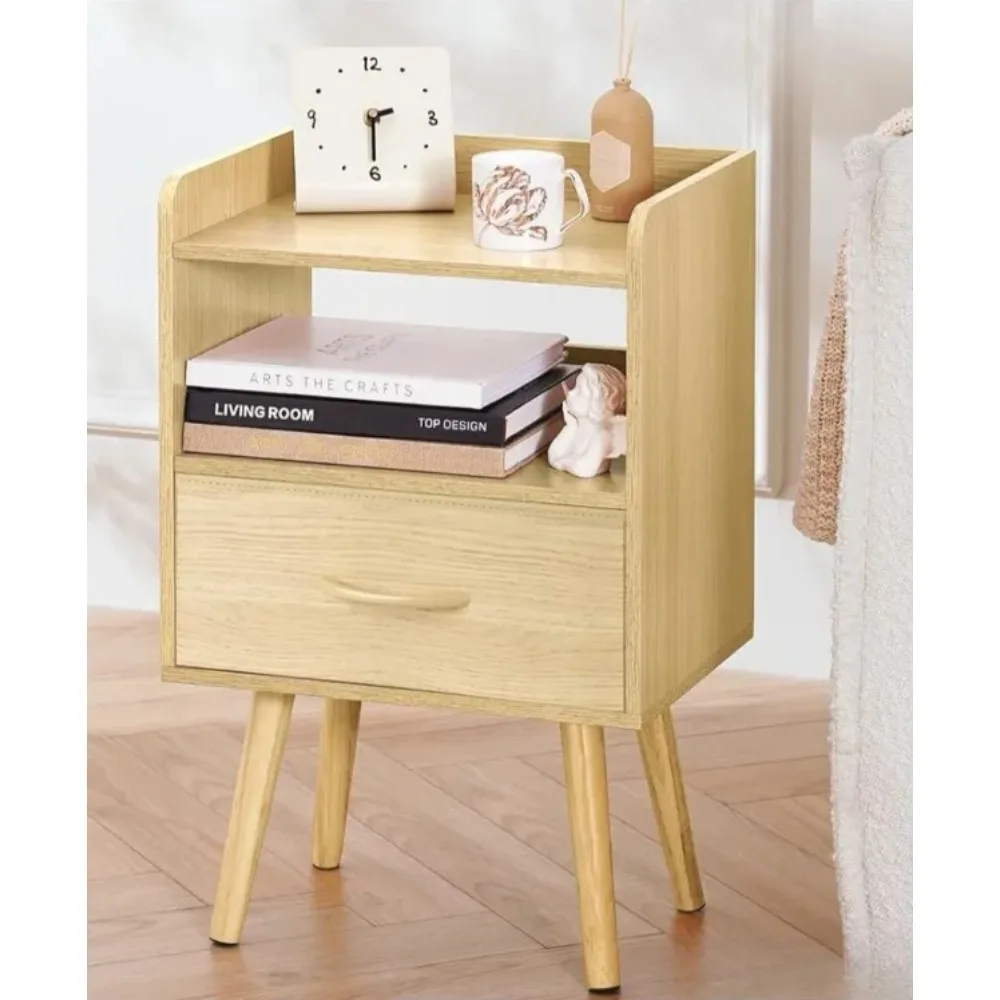 Modern bedside tables, medieval bedside tables with cloth drawers and open storage shelves, wooden bedside tables