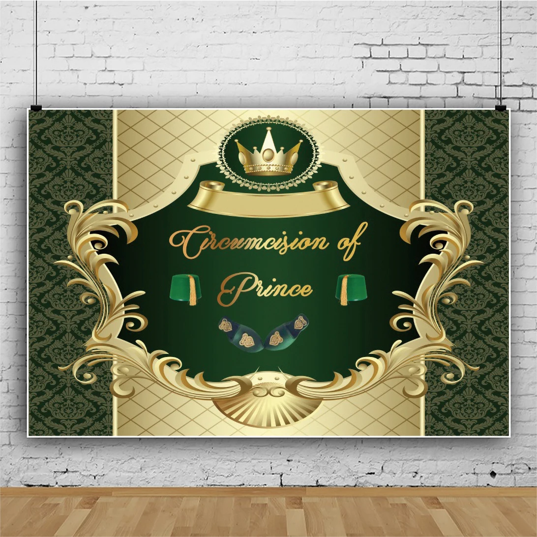 Laeacco Circumcision of Prince Background Gold Crown Green Vintage Pattern Kid Birthday Portrait Customized Photography Backdrop