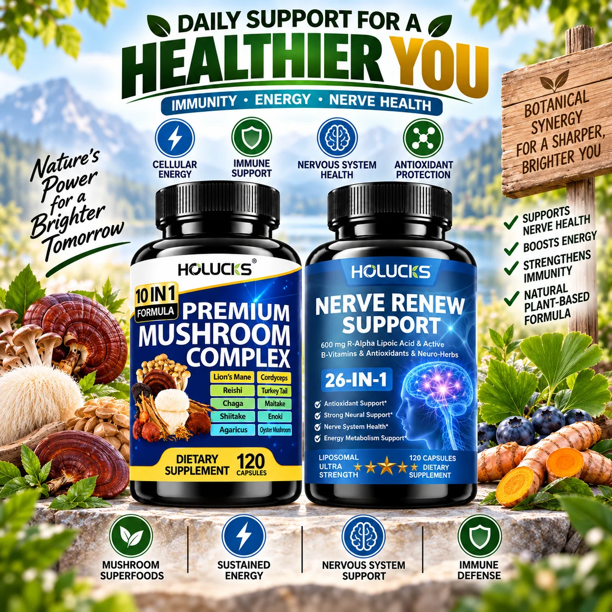 Mushroom Complex+ Nerve Renew Supplement, for Brain Nerve Function, Support Immune System, Memory, Focus, Relieve Stress