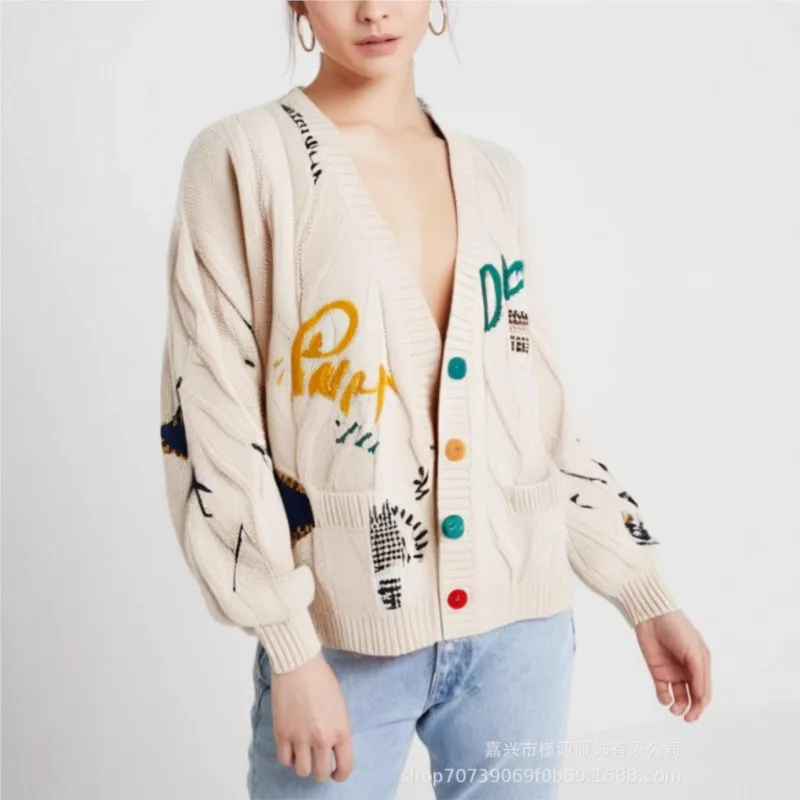 

Fashion embroidered sweater for women in autumn and winter 2025 new loose cardigan knitted jacket Pink Red