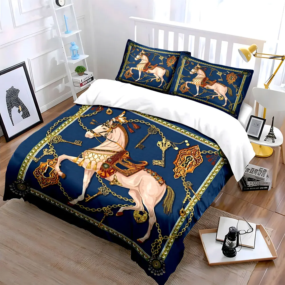 Ornate horse with golden key chains Printed Duvet Cover Set 1 Duvet Cover+2 Pillowcase Multi Size Bedroom Bedding Decor