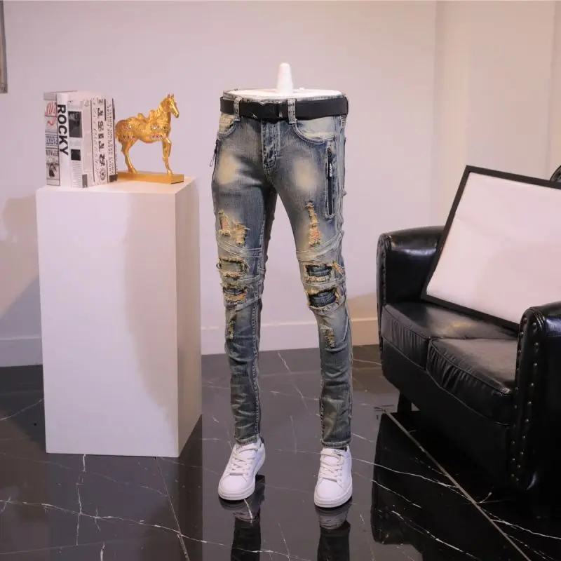 

Autumn and Winter 2022 Vintage Jeans Men's Ripped jeans Patches Slim Feet Fashion Youth Long Pants Retro Casual Pants