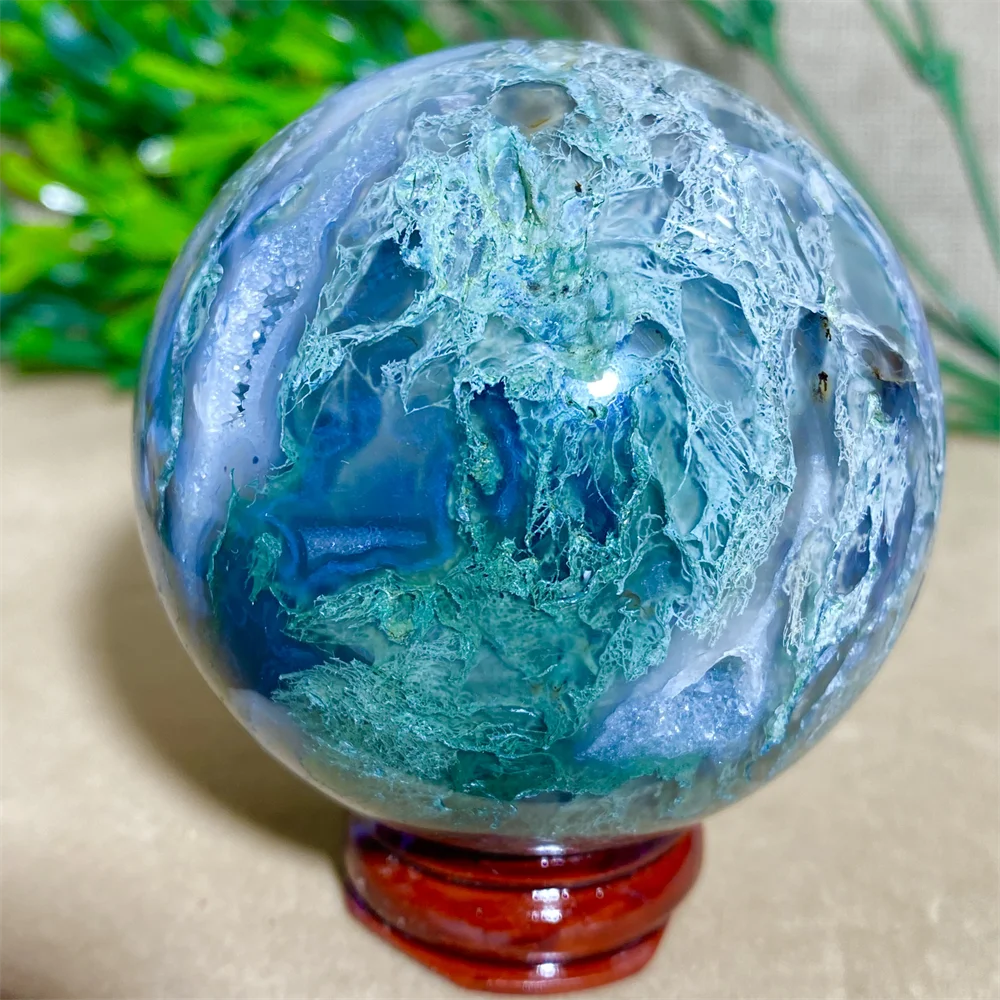 

Green Mosagate Crystal Quartz Natural Stone Sphere Reiki Wichcraft Minerals Handwork Ball House Decoration Home +Stand