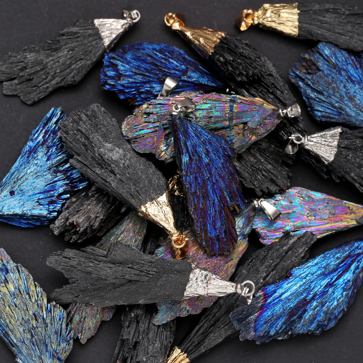 1 Pc Natural Black Tourmaline Feather Pendant Electroplated Rainbow Blue Raw Crystal Necklace Healing Stone Spiritual Jewelry