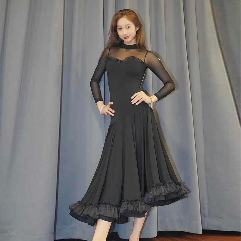 2024 neue Ballroom Dance Schwarz Langes Kleid Frauen Walzer Tanz Kleidung Praxis Leistung Kleid Erwachsene Latin Dance Kleid DNV21970