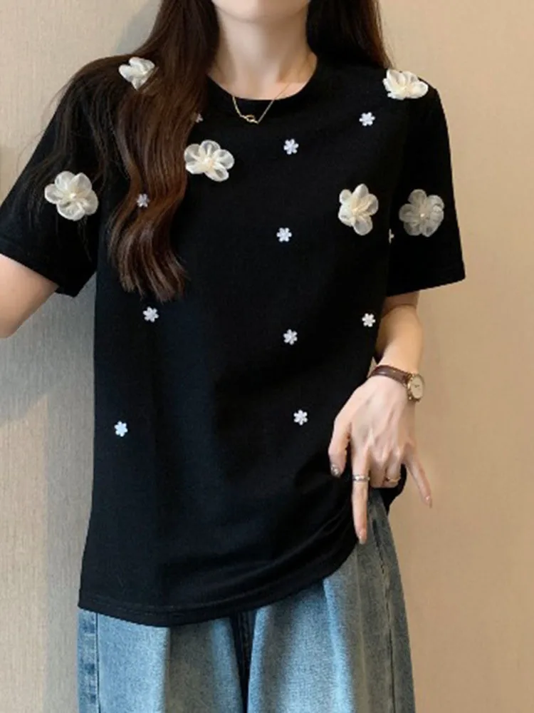 Fashion Sweet 3D Camellia Embroidery Diamond T-shirts 2024 Summer New Tops Women Y2k Short Sleeve Loose Tee Shirt