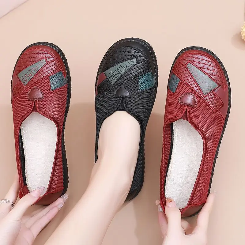 Women Loafers Summer Mesh Mom Flat Shoes Breathable Soft Sole Female Flats Casual Shoes Fashion Ladies Grandma Non-slip Loafers