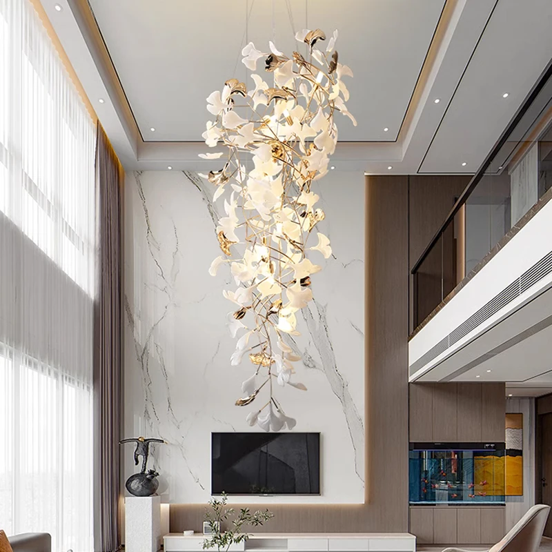 Hotel For High Ceiling Hanging Lamp Dining Room Led Long Line Pendant Lights Kitchen Island Modern Branch Chandelier Ginkgo Led