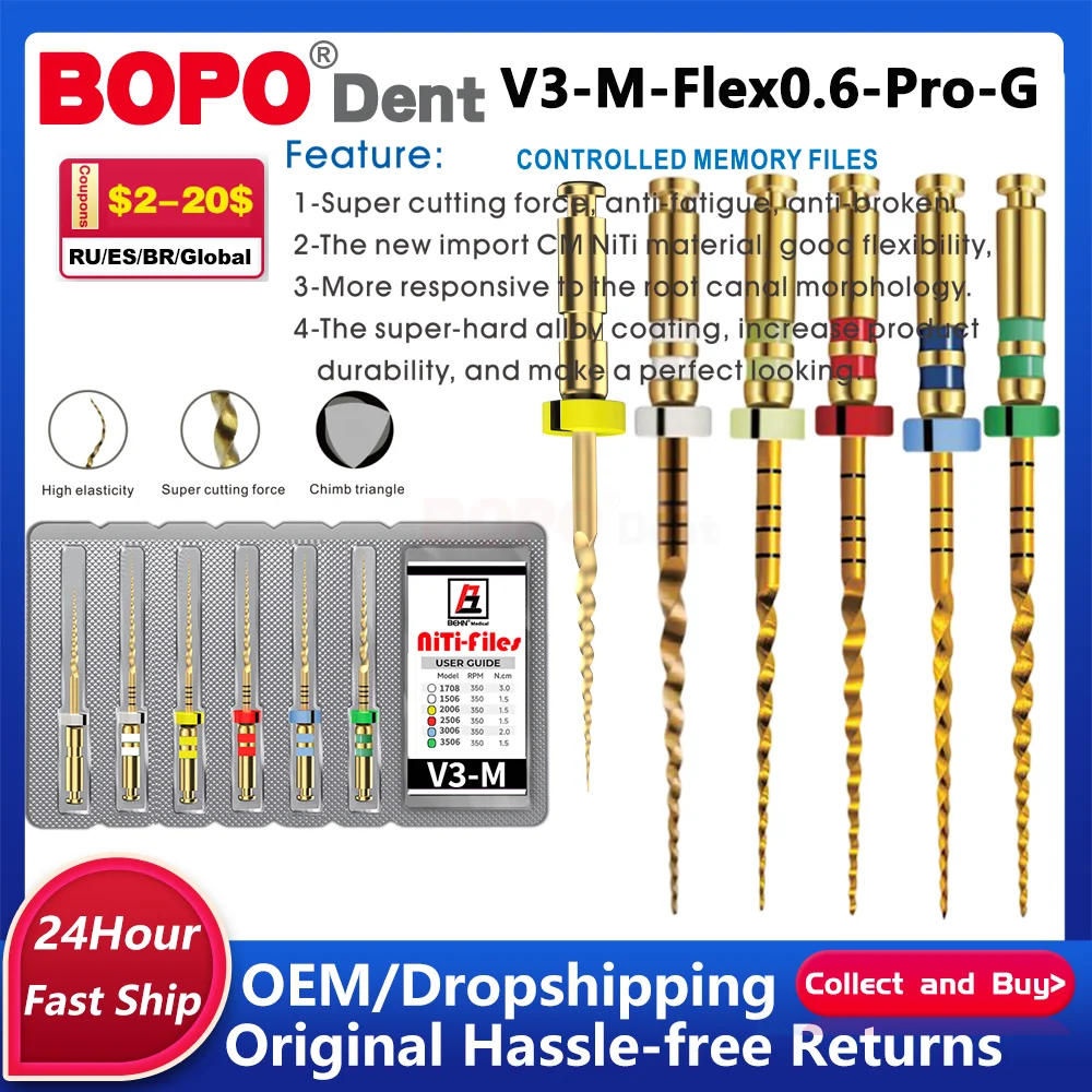 

Набор из 6 ротационных эндодонтических файлов из нитинола, конусность 0406, Super Golden, для использования с аппаратом, файлы E-Flex с термоактивацией, стоматологические инструменты