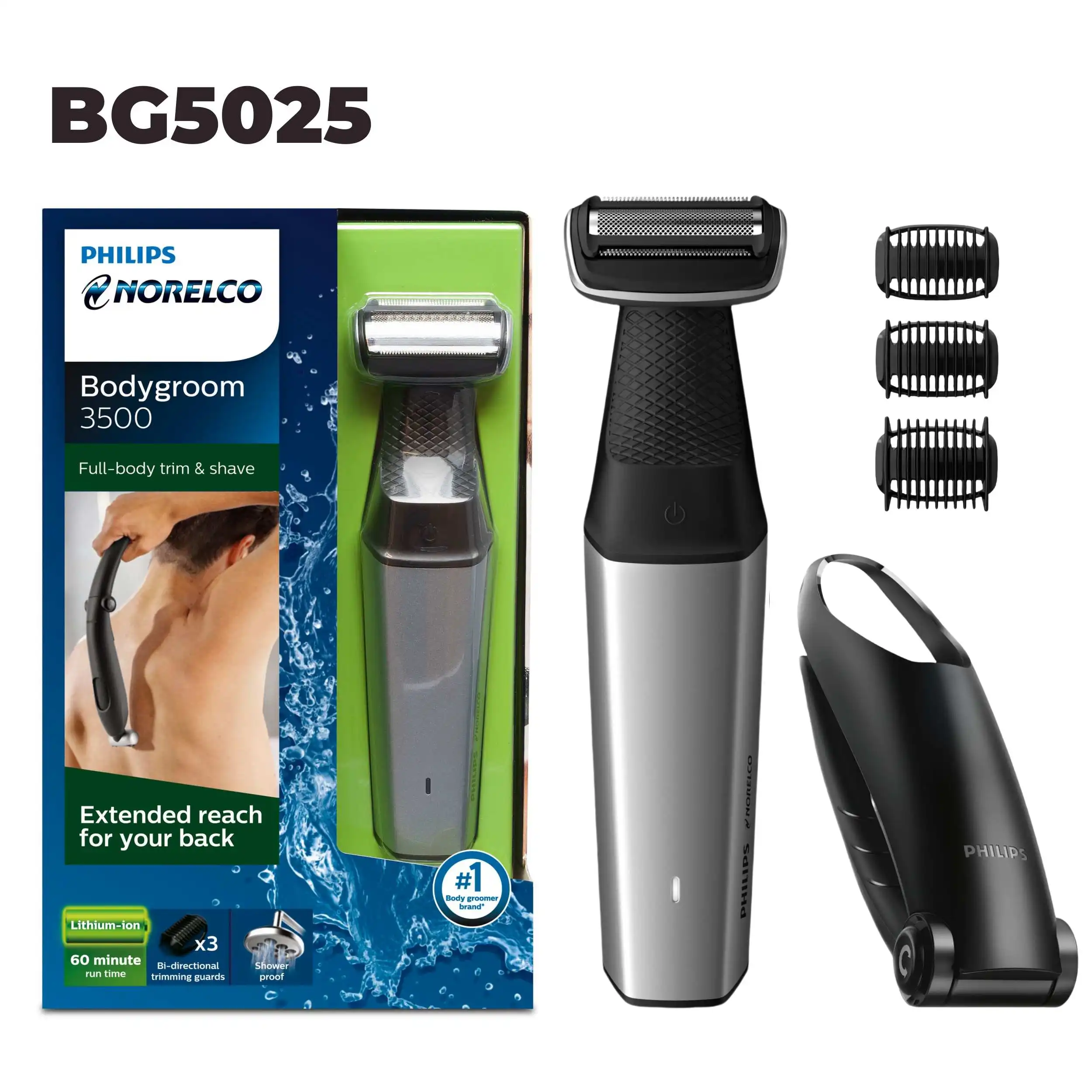 ماكينة تشذيب الجسم المقاومة للاستحمام من Philips Norelco Bodygroom Series 5000 BG5025 مع تقنية حماية البشرة