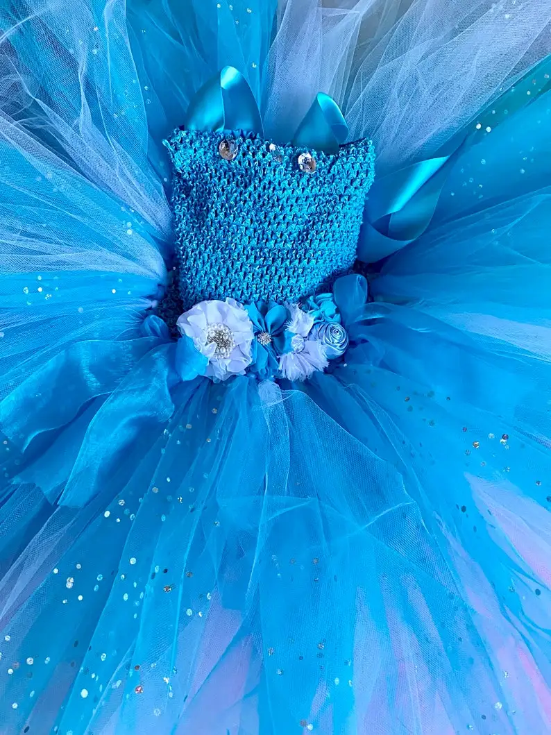 Girls Blue White Glitter Flower Tutu Dress Kids Fairy Dress With Wing Stick Set Children Birthday Party Costume Princess Dress