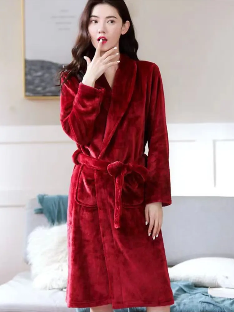 Women Men Kimono Bathrobe Gown Nightdress 2023 Autumn Winter Thick Warm Coral Fleece Nightgown Sleepwear Soft Flannel Robe Home