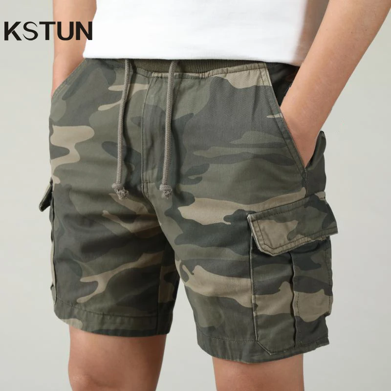 Men Summer Cargo Shorts Pants Elastic Waist Camouflage Shorts Multi-Pockets Casaul Straight Cut Drawstring Trendy Beach Shorts