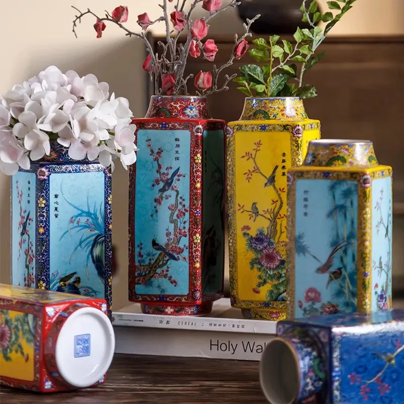 

Jingdezhen ceramic antique powder colored vase, window opening and flower picking square vase, living room wine cabinet, antique