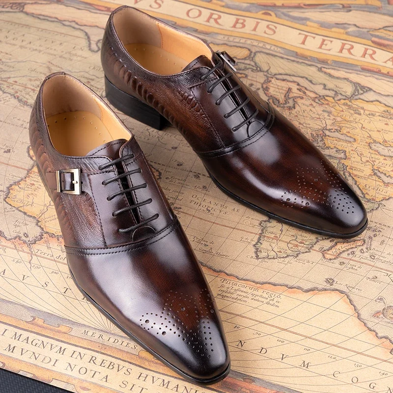 

Male Genuine Leather Social Shoe Oxford Elegant Man Dress Shoes Hand Lace-up Pointed Party Wedding Shoes Black Coffee Shoes