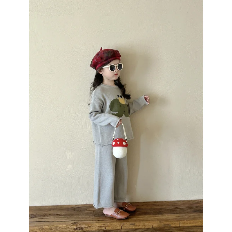 Girls sweater suit2024Autumn New Baby Girl Casual Two-Piece Suit Children Elephant Top Pants