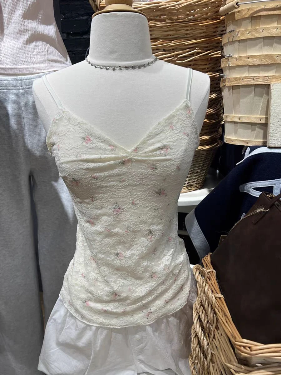 

Pink Floral Lace Embroidery Slim Tank Tops Woman Summer Folds V-neck Cotton Camisole Female Sweet Cute Mesh Crop Top New Vest