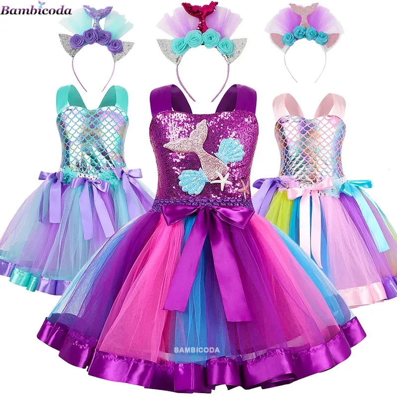 

2024 Little Mermaid Cosplay Costume Girl Halloween Siren Ariel Disguise Kids Princess Party Role Play Dress for Girl 2-12 Years